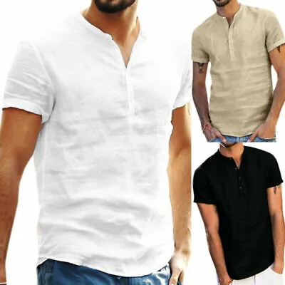 £11.96 • Buy Mens Short Sleeve Linen Shirt Loose Fit Summer Beach Holiday Casual Tops T-Shirt