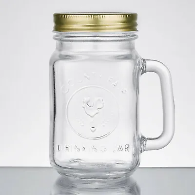 Acopa 16 Oz. County Fair Mason Jar / Drinking Jar With Handle And Gold Metal Lid • $47.89