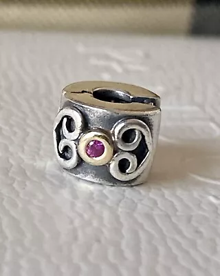 Genuine Pandora Double Heart Silver 14ct Gold Red Pink Sapphire Clip #790382 • £47