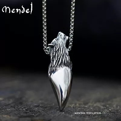 MENDEL Mens 316L Stainless Steel Fenrir Wolf Head Tooth Pendant Necklace Jewelry • $11.99