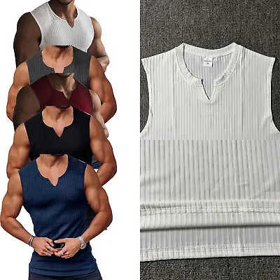 Men's T-Shirts Fitness V Neck Ribbed Tank Top Vest Gym Sleeveless Workout Tops • $12.66