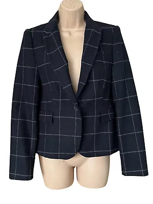 ZARA Navy Blue Grey Wool Check Plaid Elbow Patch Country Blazer Size S 8 10 • £14.99