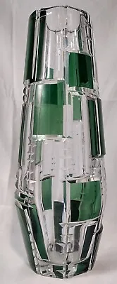 MCM Geometric Val St Lambert Green Panelled Notched Crystal Vase • £199.99