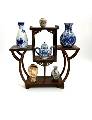 Oriental Wood Stand 6 Miniature Collectibles Vases Tea Pot Vintage Asian Decor • $270