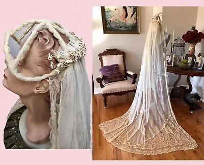 VTG 1940s WW2 JULIET CROWN Cathedral WEDDING VEIL Lace/Tulle W/ WAX FLOWERS • $129