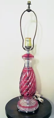1940's CRANBERRY & CLEAR CANDY STRIPE CRYSTAL LAMP MOUNTED ON CHROMED BASE • $38