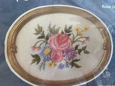 Rose Garden Antique Ovals Vintage Crewel Kit Cathy NIP With Frame 4x5 • $16