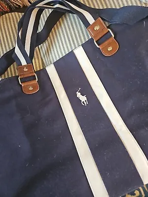 Polo Ralph Lauren  Navy Blue Canvas Striped  Duffle Bag /Weekender - Logo • $50.25