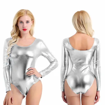 £14.99 • Buy UK Sexy Women Shiny Metallic Leather Bodysuit Long Sleeve Stretchy Leotard Tops 