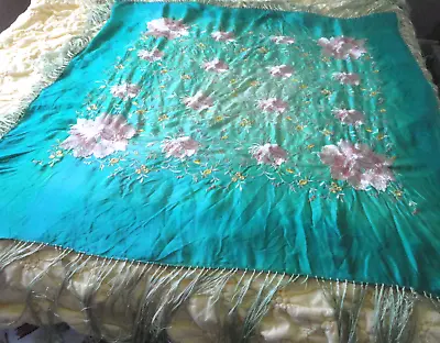 Antique 1920s Ombre Aqua Silk Embroidered Floral Crochet Fringe Piano Shawl Wrap • $550