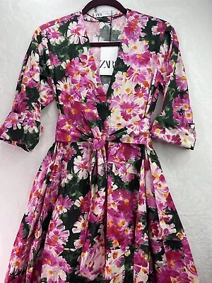 Zara Printed Midi Shirt Dress Belted Bright Floral Collared Women’s Sz XS • £28.93