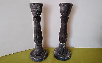 Candle Holders Pair 11” Black Stone Candle Stick Holders Rock Marbled Gray White • $32