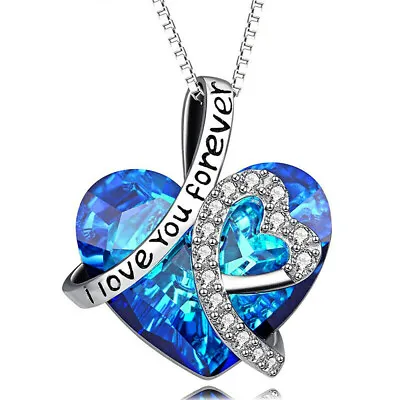 I Love You Forever Heart Pendant Necklace Blue Crystal Jewelry Women Mom Gifts • $2.25