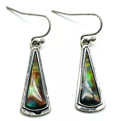 Enameled Long Triangle Earrings Pierced Silver Tone Black Marbled Modernist • $7.49