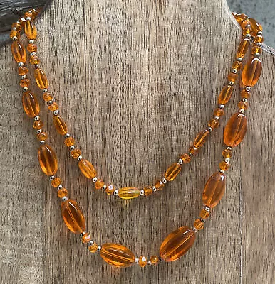 Vintage Glass Bead Necklace Orange Art Glass Beaded Strand Graduated 32  • $21