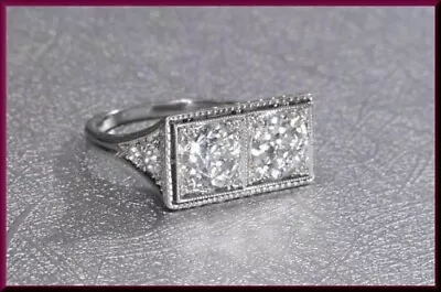 Art Deco Vintage 2.10 CT Round 2 Stone Antique Wedding 935 Argentium Silver Ring • $135.35