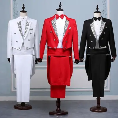 Men Jacquard Lapel Tail Coat Stage Singer Wedding Prom Tuxedo Suit(Jacket+Pants) • $83.06