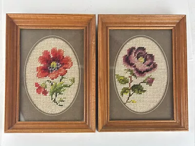 2 Vintage PAIR Needlepoint Framed Purple Flower Floral Complete Handmade 8x6 • $25.49