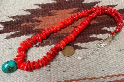Gorgeous Vintage Turquoise/coral Necklace/22-24  (g163a2-w2) • $28