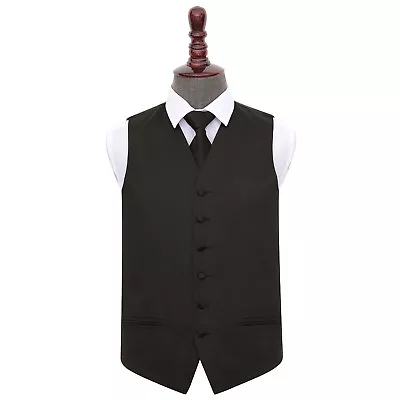 DQT Satin Plain Solid Black Mens Wedding Waistcoat & Tie Set S-5XL • £19.99