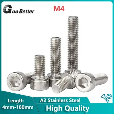 M4 X 4mm-180mm Allen Bolts A2 Stainless Steel Socket Cap Screws Hex Head DIN 912 • $1.69