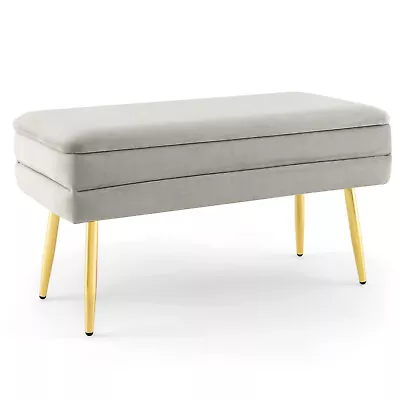 Velvet Upholstered Storage Bench Bedroom Ottoman Bench Foot Stool Grey • $89.95