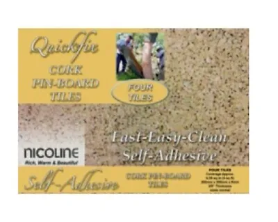 PACK OF 4 QUICKFIX NICOLINE CORK WALL TILES PINBOARD SELF ADHESIVE 8mm THICK • £15.99