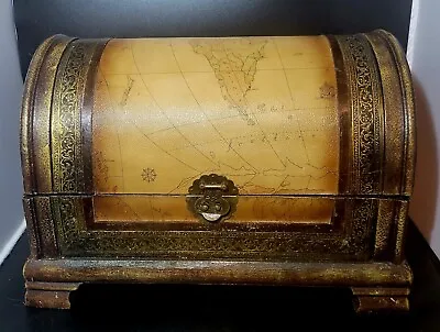 Exquisite Vintage Wooden Treasure Chest With Leather Map Detail And Brass... • £97.31