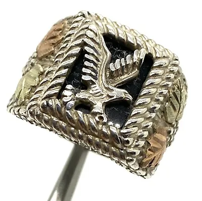 Mens Black Onyx Eagle Gold Leafs Black Hills Sterling Silver 925 Ring Size 10 • $140