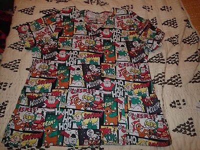 Rudolph The Red Nosed Reindeer Women's Comic Strip Cotton Scrub Top Size XL • $10