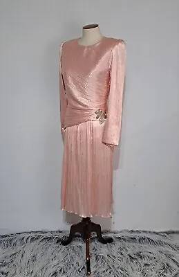 1980s Morton Myles Pink Fortuny Pleated Cocktail Dress Beaded Sz S Vintage • $185