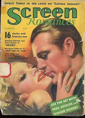 SCREEN ROMANCES March 1936 Mag MARLENE DIETRICH Gary Cooper By EARL CHRISTY Vv • $9.99
