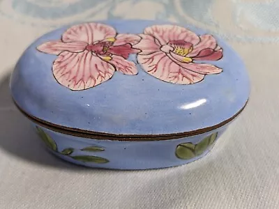 Vtg Chinese Hand Painted Enamel  Brass Blue Oval Trinket Box Pink Orchids Marked • $35