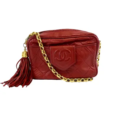 CHANEL - Vintage CC Red Lambskin Gold Chain Tassel Camera Bag Crossbody • $1379