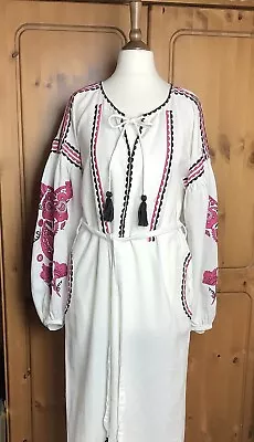 £18.99 • Buy Topshop Embroidered White Kaftan Midi Dress Boho Puff Sleeve Size S Beach