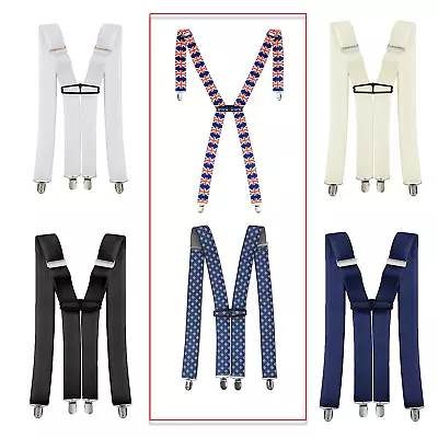 Mens Elasticated Heavy Duty Clip On Trouser Braces Adjustable Suspenders 35mm UK • £4.75