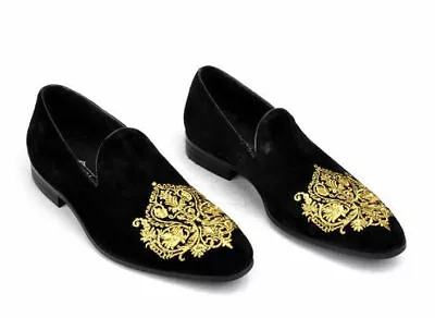 Men Handmade Shoes Black Velvet Loafers Embroidered Slipper Formal Casual Boots • £185.99