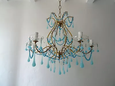 ~French Murano Blue Drops & Beads Opaline Chandelier Circa 1920~ • $2999