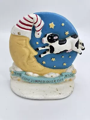 Vintage Cast Iron Painted Doorstop Cow Jumped Over The Moon • $29