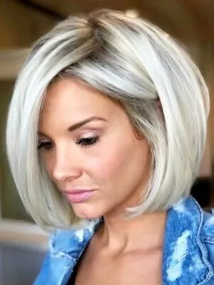 New Platinum Blonde Dark Roots Capless Remy Human Hair Touch Wigs Natural Daily • $19.94