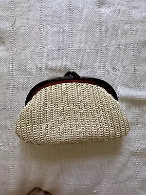 Vintage Magid Brown Lucite Handle Bag Clutch Ivory Crochet Hand Made Hong Kong • $35