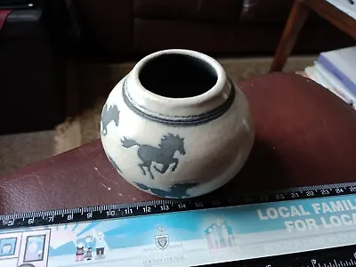 Vintage Studio Pottery - Attractive Horse Dec Raku Globular Pot. 2.5  Tall. • £16