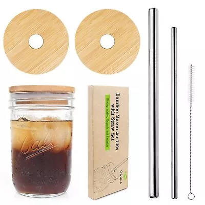 Mason Jar Lids With Straw Reusable Bamboo Lids Wide Mouth Mason Jar Tumbler... • $18.69