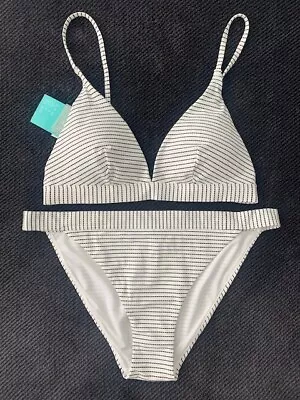 NWT H&M Swimsuit Set Bikini V-Neck Top (6) & Bottoms (4) - Black & White Striped • $8.50