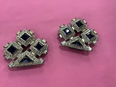 Vintage Art Deco Glass Rhinestone Dress Fur Clips Paste Sapphire Blue Stone • $22