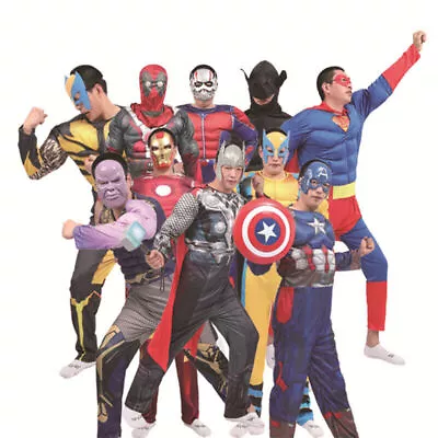 Adult Men's Superhero Costume Muscle Jumpsuit Mask Cape Marvel Cosplay Kigurumi • $48.38