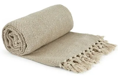 £10.45 • Buy 100% Cotton Herringbone Throw Natural Stone Fringe Tassel Sofa Bed Chair Blanket