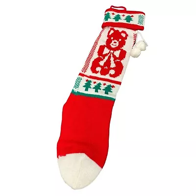 Vintage Teddy Bear Knit Christmas Stocking With Pom Poms 21  • $14.99