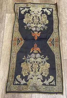 Vintage Embroidered Panel Mat Gold & Green On Black Silk? 22.5 X11.75  • $49