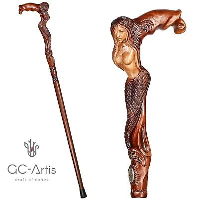 Wooden Walking Cane Mermaid D Hand Carved Siren Girl Crafted Stick For Men • $195